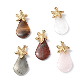 Natural Gemstone Pendants, Teardrop Charms, with Ion Plating(IP) Golden Tone 304 Stainless Steel Starfish Findings