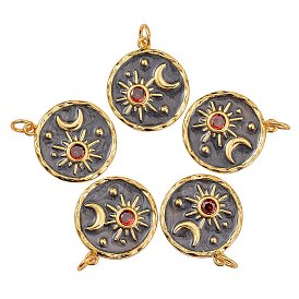 5Pcs Brass Micro Pave Cubic Zirconia Pendants, with Enamel and Jump Rings, Flat Round with Moon & Star