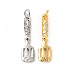 Rack Plating Brass Micro Pave Cubic Zirconia Cookware Pendants, Cadmium Free & Lead Free, Spatula Charm, with Jump Ring