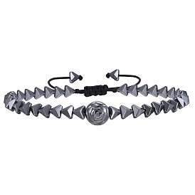 Adjustable Non-magnetic Synthetic Hematite Beaded Braided Bracelet for Men, Triangle and Flat Round