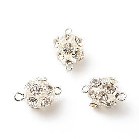 Brass Crystal Rhinestone Connector Charms, with 304 Stainless Steel Loops, Round