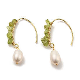 Natural Pearl with Natural Peridot Dangle Earrings, Real 14K Gold Plated Brass Findingds for Women, Teardrop