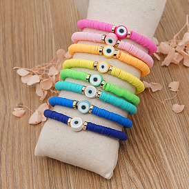 Geometric Candy Color 6mm Soft Clay Bead Bracelet with Eye Charm for Women
