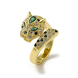 Rack Plating Brass Micro Pave Cubic Zirconia Leopard Finger Ring, Long-Lasting Plated, Cadmium Free & Lead Free