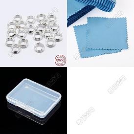 15Pcs 925 Sterling Silver Split Jump Rings, Double Loop Jump Rings, Round Rings, 1Pc Suede Fabric Square Silver Polishing Cloth