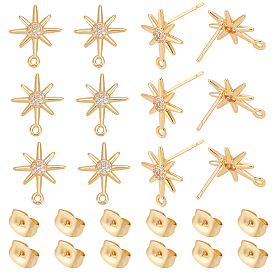 12шт. латунные серьги-гвоздики с микропаве из кубического циркония, звезда, без никеля , долговечный, 12 шт. 304 гайки ушные из нержавеющей стали