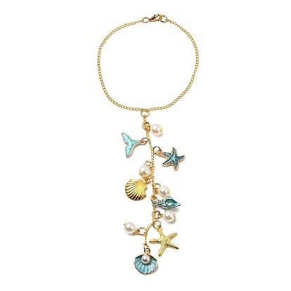 Decoraciones colgantes de aleación de esmalte, Con cadena de eslabones de aluminio y perlas de imitación de plástico ABS y cierres de pinza de langosta de aleación., Estrella de mar con forma de concha