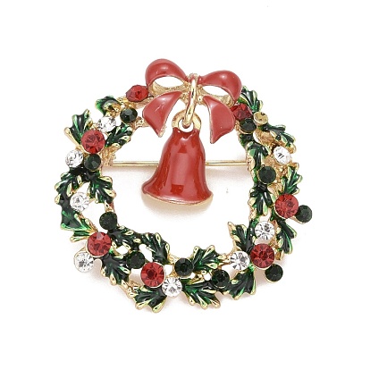 Colorful Christmas Wreath with Bell Enamel Pin with Rhinestone, Alloy Badge for Backpack Clothes