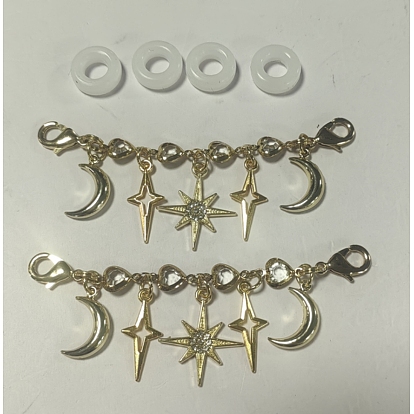 6Stück Messing-, Glas-, Legierungs- und Strass-Brillenketten, mit Karabinerverschlüssen und Silikon-Brillenhalterringen, Stern & Mond & Sonne