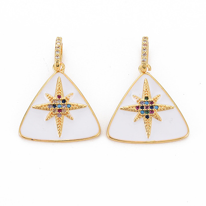 Brass Micro Pave Colorful Cubic Zirconia Pendants, with Enamel, Nickel Free, Real 18K Gold Plated, Triangle