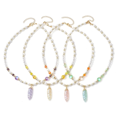 Ожерелья из бисера из стекла, ракушек и жемчуга и синтетического немагнитного гематита, ожерелья с подвесками в виде переливающихся блестящих листьев