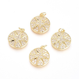 Brass Micro Pave Cubic Zirconia Pendants, with Jump Ring, Long-Lasting Plated, Flat Round with Star, Real 18K Gold Plated