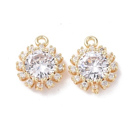 Brass Micro Pave Clear Cubic Zirconia Charms, Cadmium Free & Lead Free, Flower