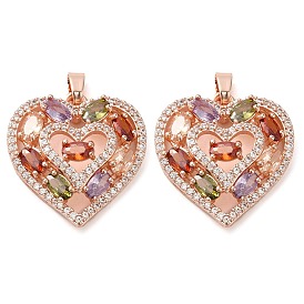 Brass Micro Pave Cubic Zirconia Pendants, Long-Lasting Plated, Rose Gold, Heart Charm