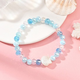 Ocean ABS Plastic Imitation Pearl Shell Shape Electroplate Glass Faceted Rondelle Beaded Stretch Bracelets for Women