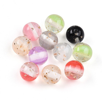 Двухцветные прозрачные смоляные бусины, круглые, с блестящей пудрой и золотой фольгой