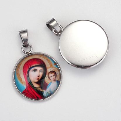 Virgin Mary Theme Glass Pendants, with 201 Stainless Steel Findings, Flat Round