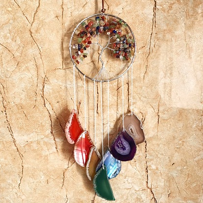 Metal Big Pendant Decorations, with Random Color Agate Slices & Chakra Theme Gemstone Chip Beads, Flat Round with Tree of Life