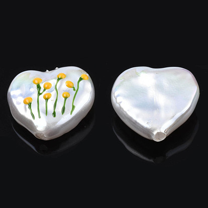 ABS Plastic Imitation Pearl Beads, with Enamel, Half Drilled, Heart with Flower