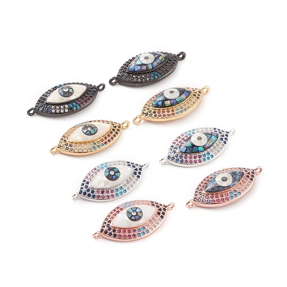 Brass Micro Pave Cubic Zirconia Links Connectors, with Abalone Shell/Paua Shell, Cadmium Free & Nickel Free & Lead Free, Eye, Clear, Colorful