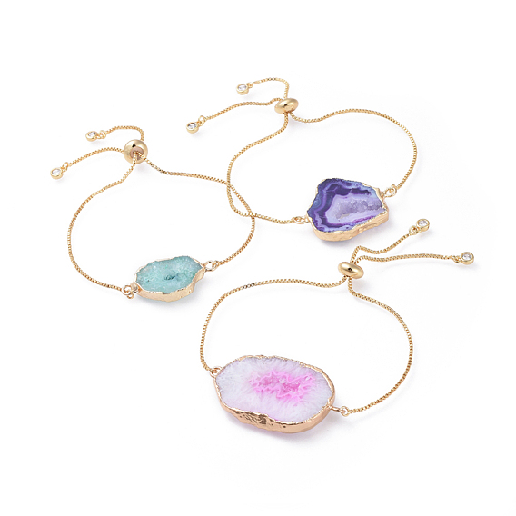 Brass Bolo Bracelets, Slider Bracelets, with Natural Druzy Geode Quartz Crystal Links, Cubic Zirconia and Box Chains