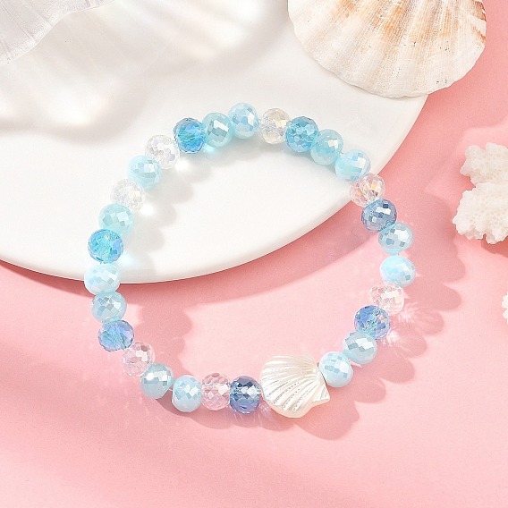 Pulseras elásticas con cuentas redondas facetadas de plástico ABS con forma de concha de perla de imitación, para mujer.