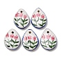 Handmade Porcelain Pendants, Hand Painted, Teardrop with Tulip Charms
