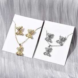 Bear Brass Micro Pave Cubic Zirconia Stud Earrings & Pendant Necklaces Sets, Cadmium Free & Lead Free, Long-Lasting Plated, Rack Plating