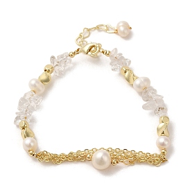 Brass Chains Tassel Link Bracelet, with Natural Pearl & Quartz Crystal Chips Beaded