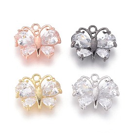 Brass Cubic Zirconia Pendants, Long-Lasting Plated, Butterfly, Clear