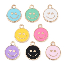 Alloy Enamel Pendants, Cadmium Free & Lead Free, Golden, Flat Round with Smiling Face Charm