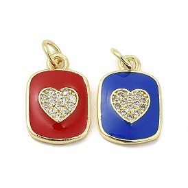 Real 18K Gold Plated Brass Micro Pave Clear Cubic Zirconia Pendants, with Jump Ring & Enamel, Rectangle with Heart Charm