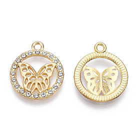 Alloy Pendants, with Crystal Rhinestone, Cadmium Free & Lead Free, Flat Round with Butterfly