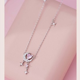 Ожерелья из тонкого серебра с прозрачными и жемчужно-розовыми кубическими цирконами в форме луны и сердечками для женщин