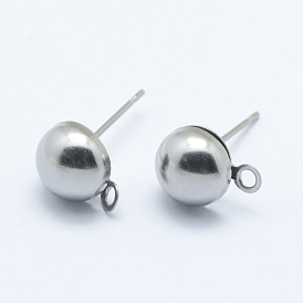 304 Stainless Steel Stud Earring Settings, with Loop, Half Round