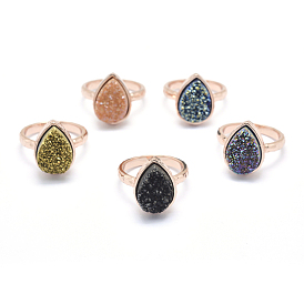 Electroplate Natural Druzy Quartz Crystal Finger Rings, with Brass Findings, Lead Free & Cadmium Free, Long-Lasting Plated, Flat Round, Size 7