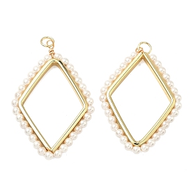Подвески из АБС-пластика с жемчугом, ромбовидный шарм, с латунным, долговечный, стойки покрытие, без свинца и без кадмия