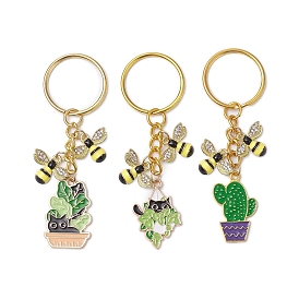 3Pcs 3 Styles Alloy Enamel Pendant Keychain, with Iron Key Rings, Plant & Bees