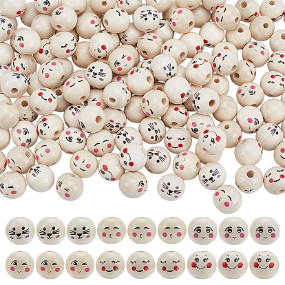 144шт 6 стили печатные деревянные бусины, круглая форма с улыбающимся лицом