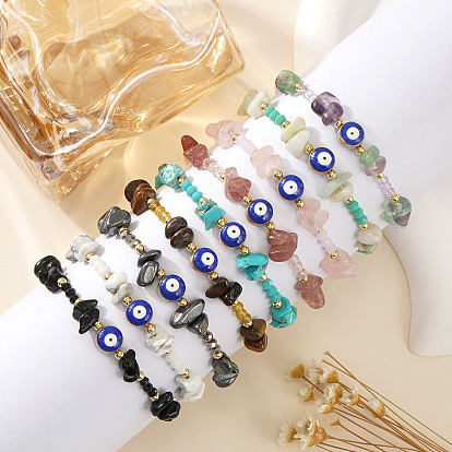 Браслеты из латуни с каменной крошкой и бусинами, имитирующими «оберег от сглаза», и стеклянными бусинами, эластичные, для повседневного ношения.