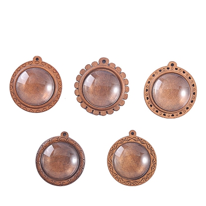 18Pcs 9 Styles Floral Wood Pendant Cabochon Settings with 18Pcs Glass Cabochon, Flat Round