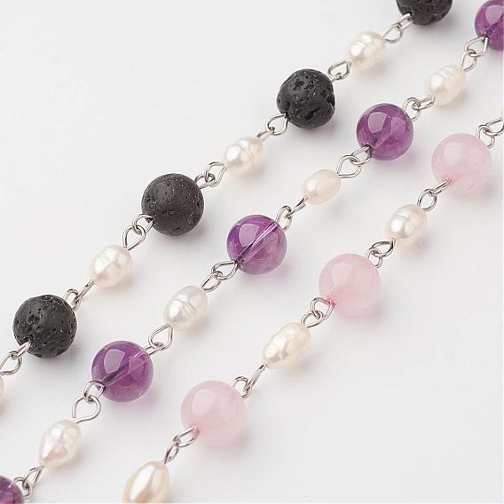 Handmade Chains for Necklaces Bracelets Making, with Gemstone, Grade A Natural Freshwater Pearl and 304 Stainless Steel Eye Pin, Unwelded
