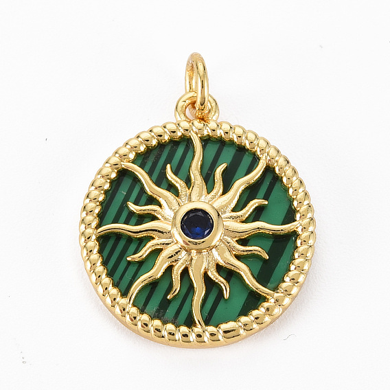 Brass Cubic Zirconia Pendants, with Synthetic Stone and Jump Ring, Golden, Flat Round with Sun, Nickel Free