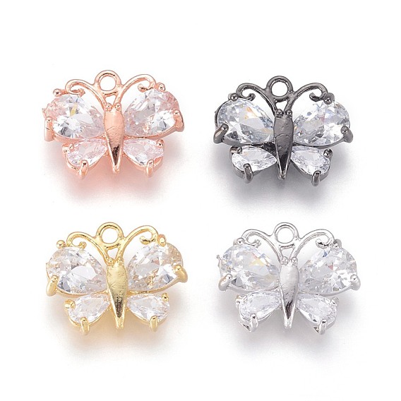 Brass Cubic Zirconia Pendants, Long-Lasting Plated, Butterfly, Clear