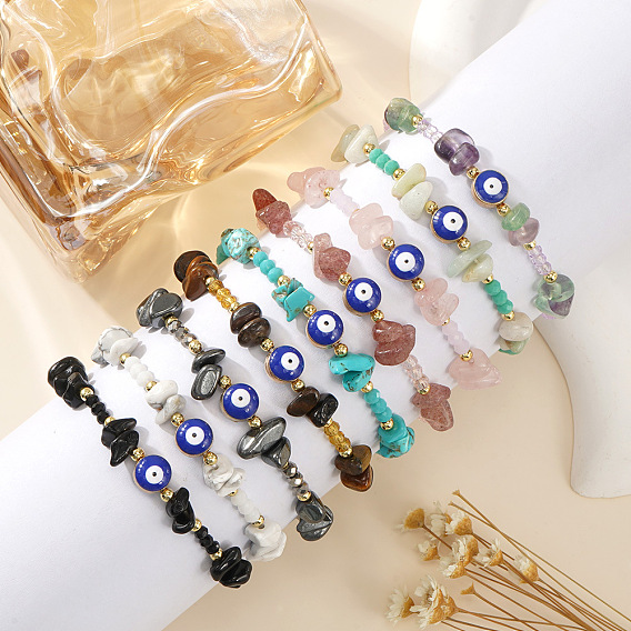 Браслеты из латуни с каменной крошкой и бусинами, имитирующими «оберег от сглаза», и стеклянными бусинами, эластичные, для повседневного ношения.