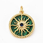 Brass Cubic Zirconia Pendants, with Synthetic Stone and Jump Ring, Golden, Flat Round with Sun, Nickel Free