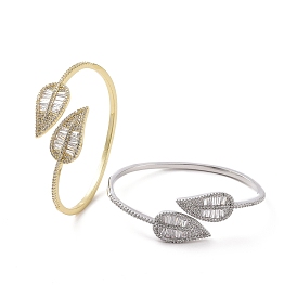 Clear Cubic Zirconia Double Leaf Open Cuff Bangle, Brass Jewelry for Women