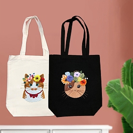 DIY Cat Pattern Canvas Tote Bag Embroidery Kits for Beginners, Including Embroidery Thread & Needles, Round Embroidery Hoop