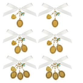 6Pcs 3 Styles Alloy Oval Tray Brooch Base Settings, with Heart Charms, with Glass Pearl Round Beads and Polyester Ribbon Bowknot