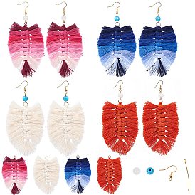 DIY Dangle Earring Making, with Gradient Color Polycotton(Polyester Cotton) Tassel Big Pendant and Brass Earring Hooks, Leaf